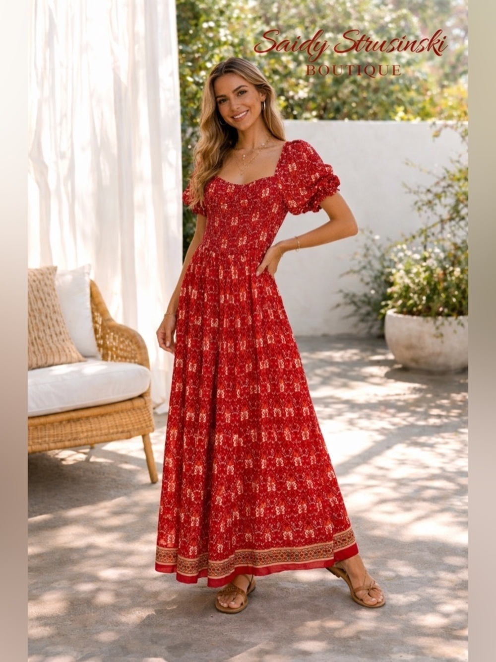ZESICA Chic Red Floral smocked top Maxi Dress with Puff Sleeves/size L
